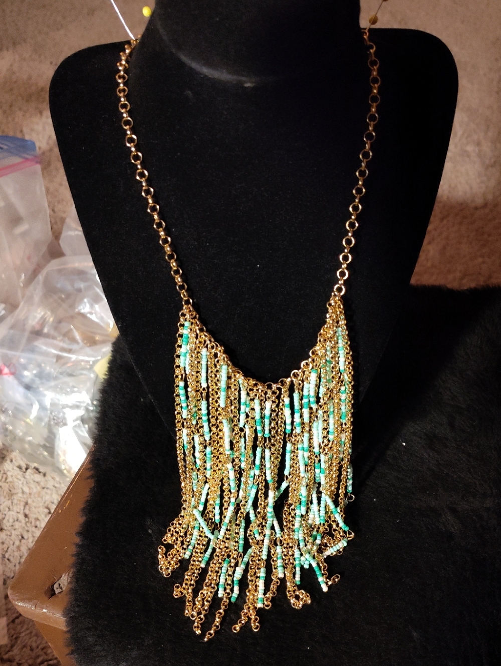 Montana Farmacy Gold & Mint Beaded Fringe Bib Necklace